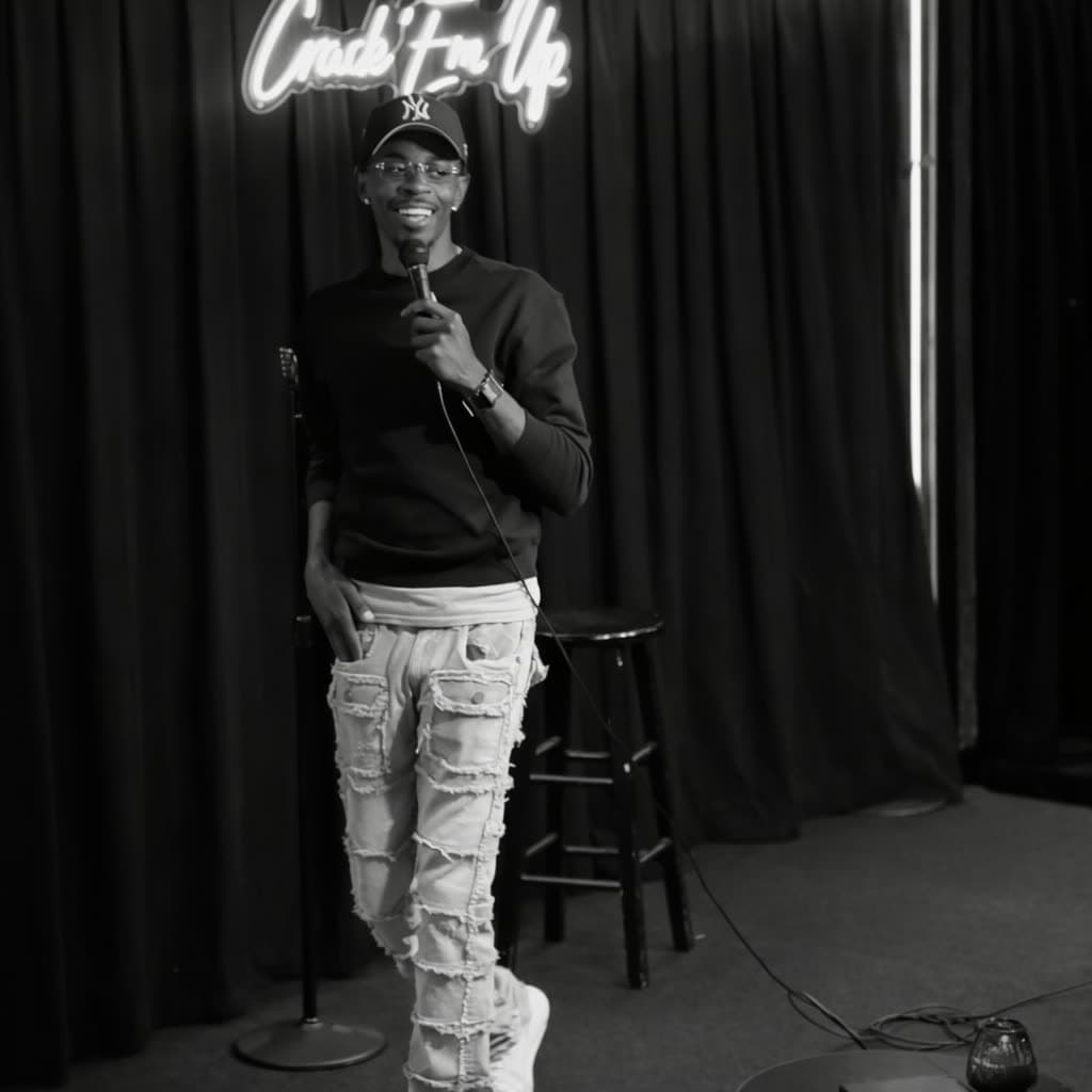 Bobby Starr on stage with a microphone under a Crack 'Em Up sign